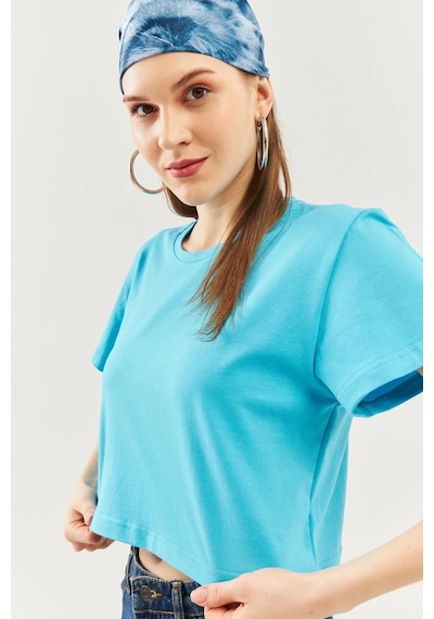 Kadın Rahat %100 Pamuklu Penye Bisiklet Yaka Kısa Kol Basic Crop T-shirt Aqua