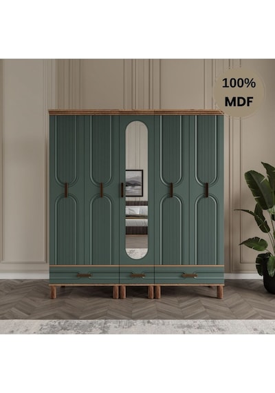 Zen 5 Kapak Ayaklı Tasarım Country Mdf Gardırop Yeşil