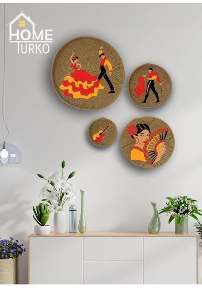 4'lü Takım Duvar Süsü Duvar Tabağı Jüt Dekor Afrika Bohem Desen6 Çok Renkli
