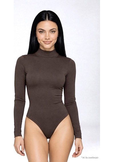 Cottonhıll Premium - Drape Collection Kahverengi Viskon Balıkçı Yaka Uzun Kollu Çıtçıtlı Kadın Bodysuit