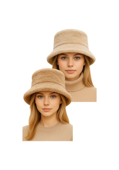 Uniquetrenders Kadın Ayarlanabilir Peluş Bucket Kova Şapka 2'li Set Bej - Camel