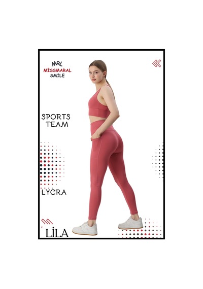 Missmaral Kadın Alt Üst Takım Fitness Pilates Koşu Sporcu Slim Fit Tayt Çift Cep Yüksek Bel Likralı Gül 3065 Gül Kurusu