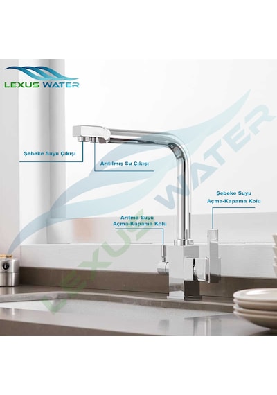 Lexus Water Su Arıtma Cihazları İçin 3 Yollu Kare Arıtmalı Musluğu Krom
