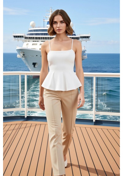 Benerly Kadın Bluz Peplum Kare Yaka İnce Askılı Kolsuz Scuba Krep Dokuma Ekru