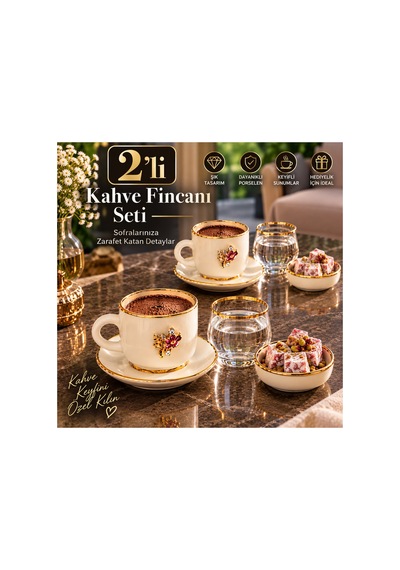 2 Kişilik Gold Detaylı Kahve Fincanı, Su Bardağı Ve Lokumluk Sunum Seti 8 Parça Beyaz