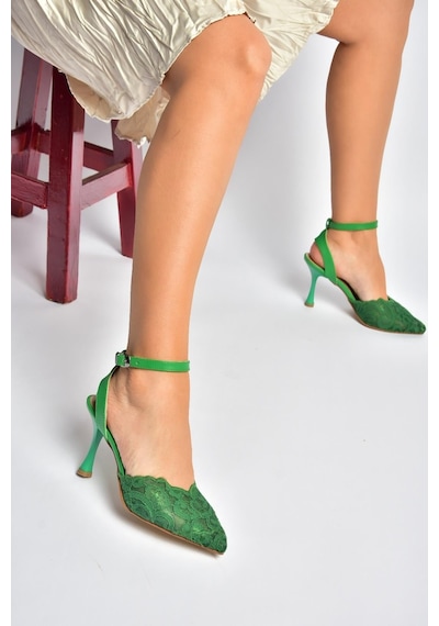 Fox Shoes Y752044206 Yeşil Dantelli İnce Topuklu Kadın Ayakkabı