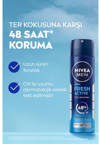Men Erkek Sprey Deodorant Fresh Active 150ml, Ter Kokusuna Karşı 48 Saat Koruma, Aluminyum İçermez