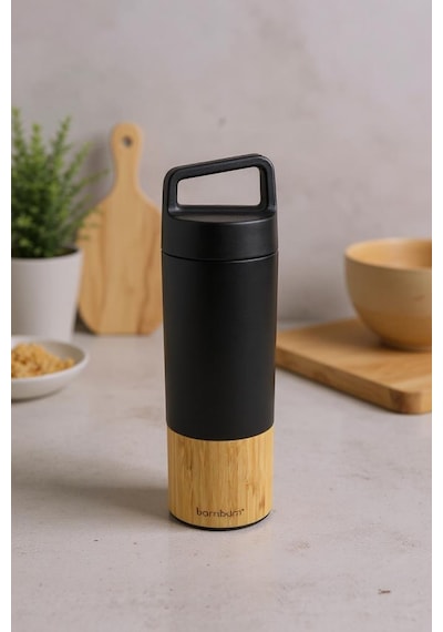 Bambum Janna - Bambu Desenli El Termosu Siyah 600ml Siyah