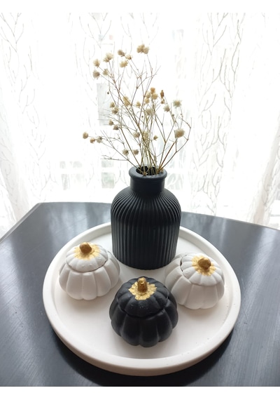 Tabakta 3'lü Mini Balkabağı Vazo Dekoratif Beyaz Siyah Set 03