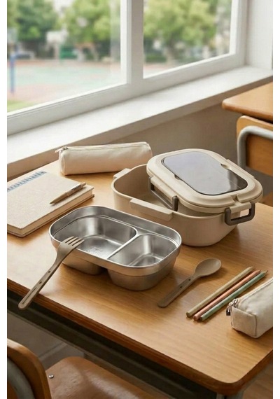 2 Bölmeli Kaşık Çatallı Paslanmaz Çelik Yemek Kabı Lunch Box Sefer Tası Beslenme Kabı Latte Krem