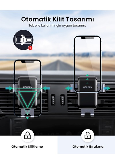 Ugreen Tüm Havalandırma Izgaralarına Uyumlu Araç İçi Telefon Tutucu, Uzay Grisi, 30401 Gri