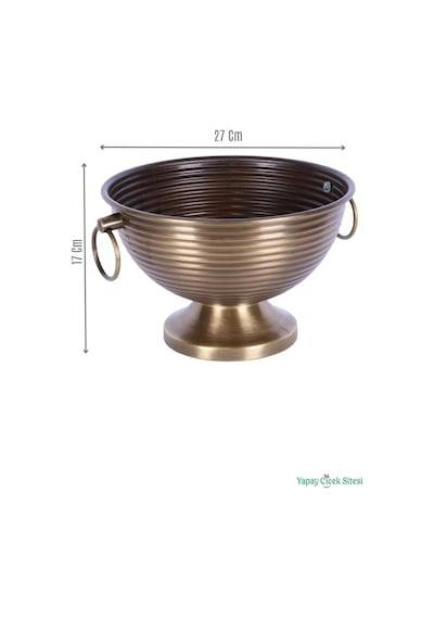 Yapay Çiçek Sitesi Metal Çizgili Küpeli Vazo 17 Cm Bronz