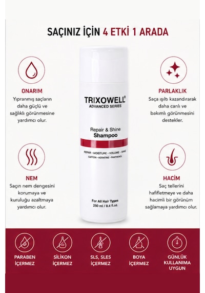 Trixowell Advanced Series Repair & Shine Shampoo Kafein, Keratin Ve Panthenol İçeren Onarıcı, Nemlendirici Ve Hacim Veren Şampuan 250 Ml