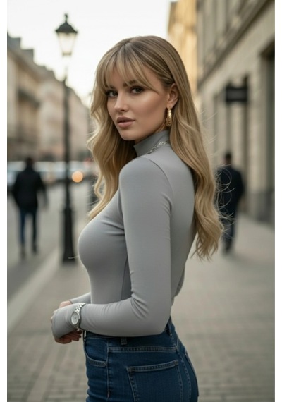 Parmak Geçmeli Kadın Body Esnek Kumaş Gri