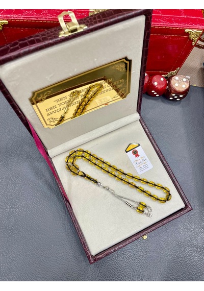 Tesbih Hanesi Ateş Kehribar Tesbih Harfli Kişiye Özel Seri Sıkma Kehribar Tesbih Usta Işi Tesbih Gümüş Kaplama Hediye Sarı