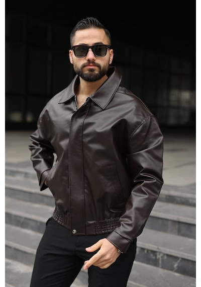 Yeni Sezon Dokulu Oversize Bol Kalıp Bomber Ceket Kahverengi Karbon Deri