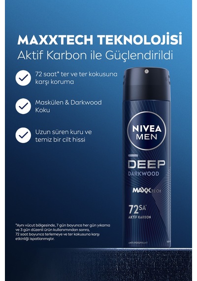 Men Erkek Sprey Deodorant Deep Dimension Aktif Karbon 150ml, 72 Saat Anti-perspirant Ter Koruması