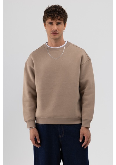 Vamos Basic Bisiklet Yaka Oversize Sweatshirt Vizon