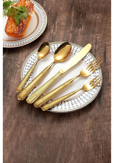 30 Parça 6 Kişilik Gold Çelik Yemek Kaşık Çatal Bıçak Seti Mt226sr Çok Renkli