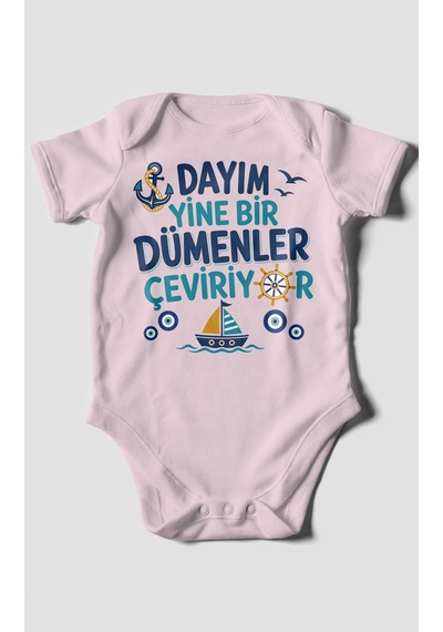 Morivokids Dayım Yine Bir Dümenler Çeviriyor Kısa Kollu Bebek Body %100 Pamuk Bebe Pembe