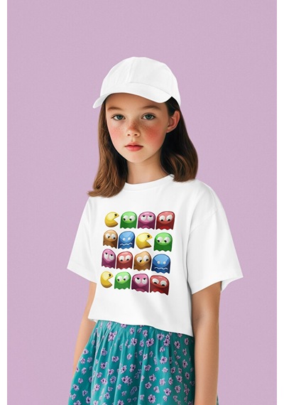 Sevbano Pacman Oyun Baskılı Unisex Çocuk Tişört 1-12 Yaş Beyaz