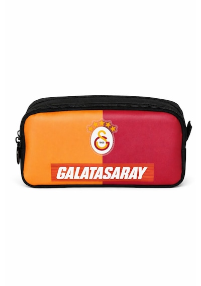 Galatasaray Lisanslı Çift Bölmeli Parçalı Desen Kalemlik - Rubber Logolu Su İtici Kumaşlı Kalem Kutusu Sarı - Kırmızı