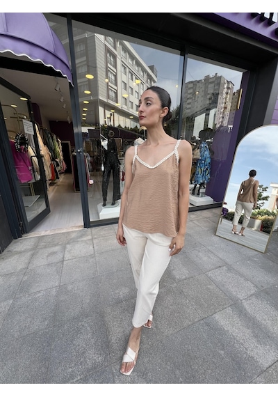 Keten Salaş Askılı Bluz- Kahve Rengi-166 Kahve Rengi