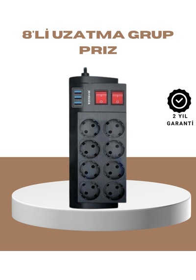 Güçlü Termal Korumalı 8 Priz + 3 Usb Çoklu Uzatma Kablosu 2m -