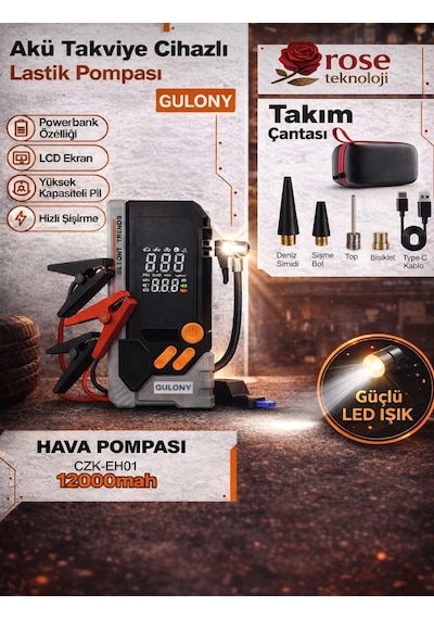 Akü Takviye Cihazlı Lcd Ekran Digital Gösterge Ledli Powerbank Özellik Araç Lastik Şişirme Pompası -