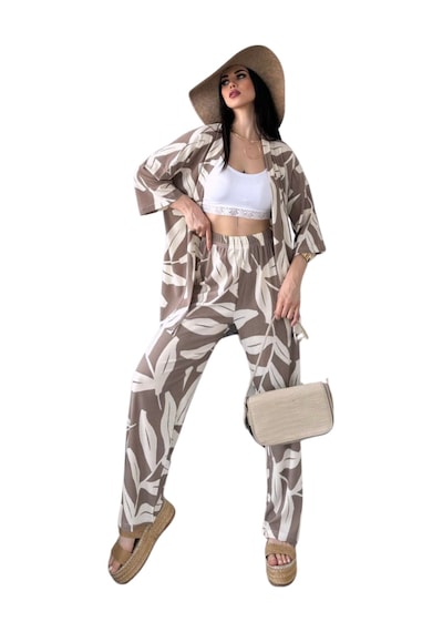 Alt Üst Takım Kimono- Desenli-kahverengi