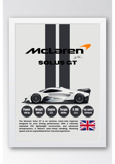 Mclaren Solus Gt Tablo - Teknik Özellikli Pist Arabası Poster - Çerçeveli Duvar Dekoru Beyaz