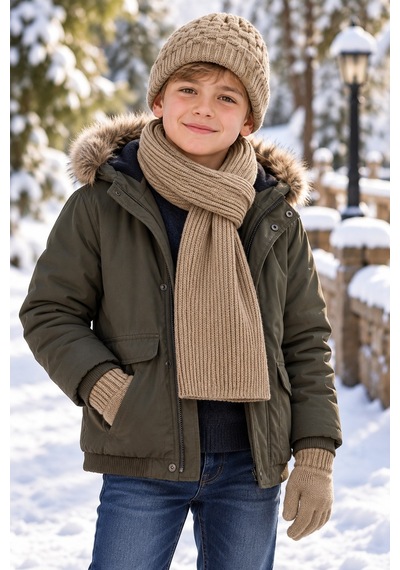Miniko Kids Kitti 26180-12 Erkek 9-15 Yaş Atkı Bere Eldiven Set Bej