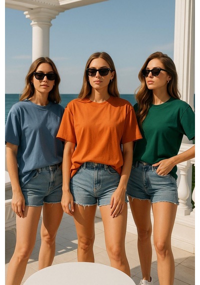 Kadın 3'lü Paket Mavi-yeşil-turuncu %100 Pamuk Oversize Basic Tişört Bisiklet Yaka Relaxed T-shirt Çok Renkli