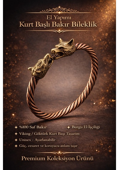 Viking Kurt Başlı Bakır Bileklik Güç, Cesaret Ve Sadakati Sembolize Eden Erkek Bakır Bileklik Diğer
