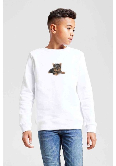 Tshirthane Yorkie Poodle Baskılı Unisex Çocuk Beyaz Sweatshirt Beyaz