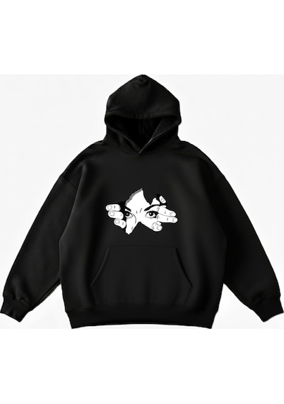 Maki Home Makiteks Siyah Pamuklu Unisex Cepli Kapüşonlu Rahat Kesim Face Baskılı Sweatshirt SiYAH