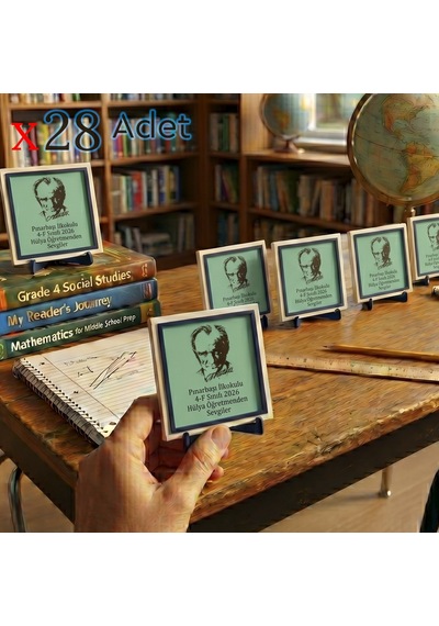 Öğretmen Mesajlı Mezuniyet Hatırası 28'li Set, Atatürk Silüetli Dekoratif Masaüstü Obje, 10x10 Cm