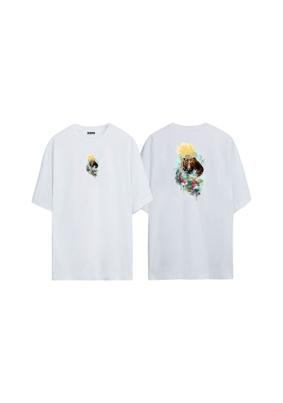 Thewert Unisex Boz Ayı Balık Yakalamak İllüstrasyon Ön Arka Baskılı Beyaz Oversize T-shirt