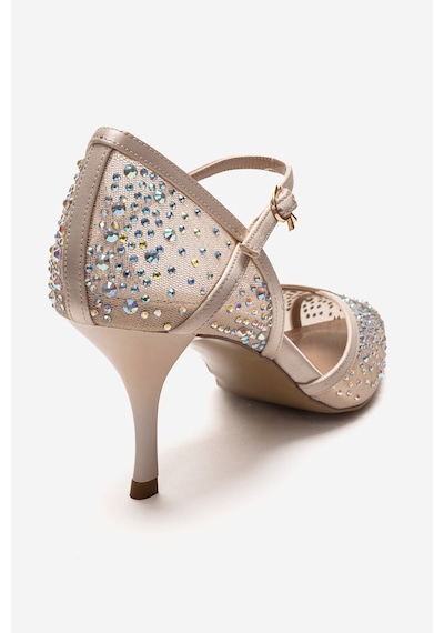Luvishoes Rachel Bej Saten Taş Detaylı Fileli Kadın İnce Topuklu Abiye Ayakkabı