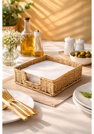 Rattan Hasır Peçetelik 4 Lü Set 17.5x17.5x6.5 Cm Standart Peçete Uyumlu Dekoratif Sunumluk Açık Kahverengi