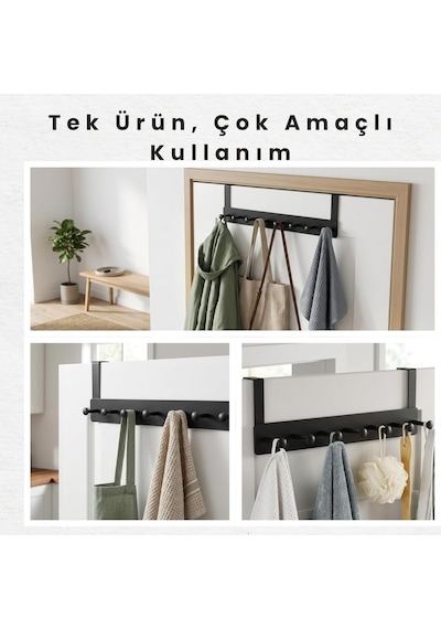 Metal Mat Siyah Kapı Arkası Askılık 7 Kancalı Amerikan Tipi Organizer Askı, Banyo Ve Oda Kapıları İçin Pra Diğer