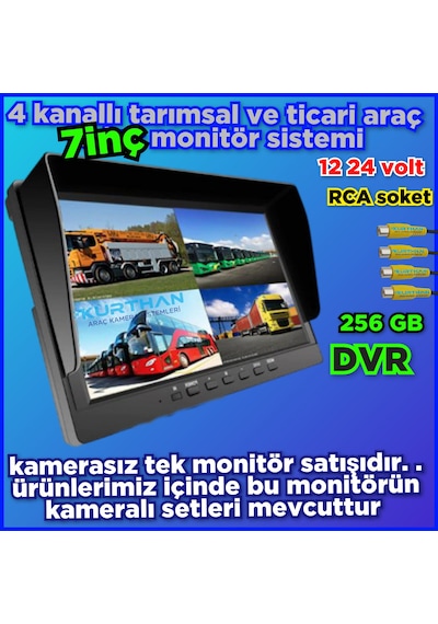 7 İnç Hybrid Dvr Monitör 4 Kanal 256 Gb 12-24 Volt
