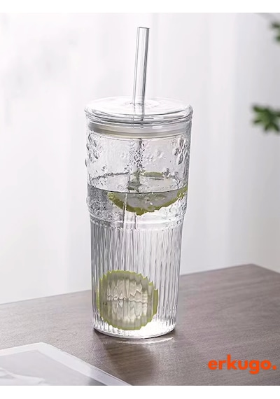 Borosilikat Sunum Bardağı Kapaklı Pipetli Bardak Kahve Bardağı Isı Dayanıklı 600 ML Macchiato