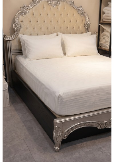 Goldroom Home Çizgili Pamuk Saten Çift Kişilik Nevresim Takımı Beyaz