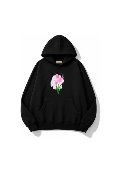 Herkesemoda Lale Baskılı Kapüşonlu 2 İplik Şardonlu Sweatshirt Siyah