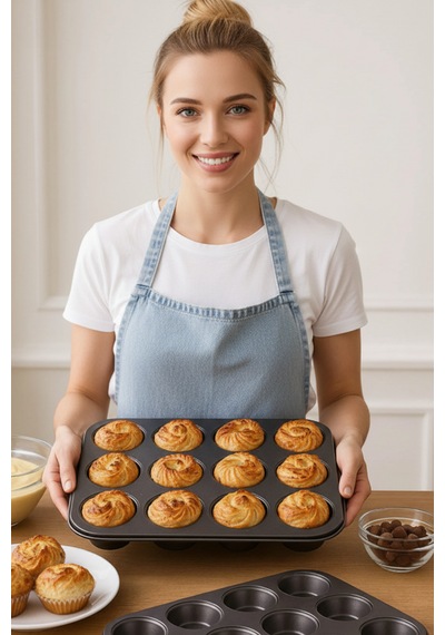 12'li Muffin Cupcake Pişirme Kalıbı Yapışmaz Çok Amaçlı Fırın Kalıbı Antrasit