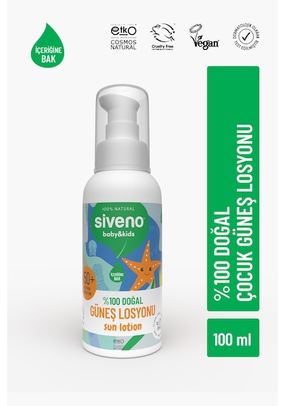 Siveno %100 Doğal Çocuk Güneş Losyonu Leke Karşıtı Nemlendirici Bitkisel Vegan UVA UVB SPF 50+ 100 ml