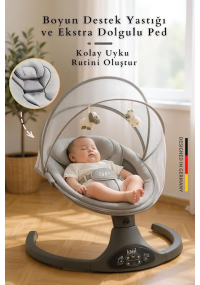 Kiwi Eggy Plus Elektrikli Otomatik Sallanan Bebek Ana Kucağı, 5 Farklı Sallanma Hızı, Oyuncaklı Gümüş