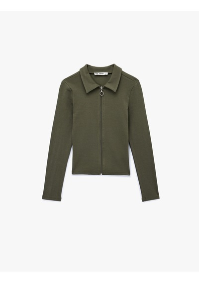 Koton Fermuarlı Slim Fit Gömlek Yaka Kaşkorse Uzun Kollu Tişört Haki 6wal10120ık Haki
