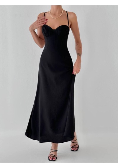 Fashion Cocktail Feminen Büstiyer Detaylı Korsajlı Drapeli Üst Bölüm Akışkan Saten Etekli Maxi Elbise Siyah Fashion Cocktail Feminen Büstiyer Detaylı Korsajlı Drapeli Üst Bölüm Akışkan Saten Etekli Maxi Elbise Siyah